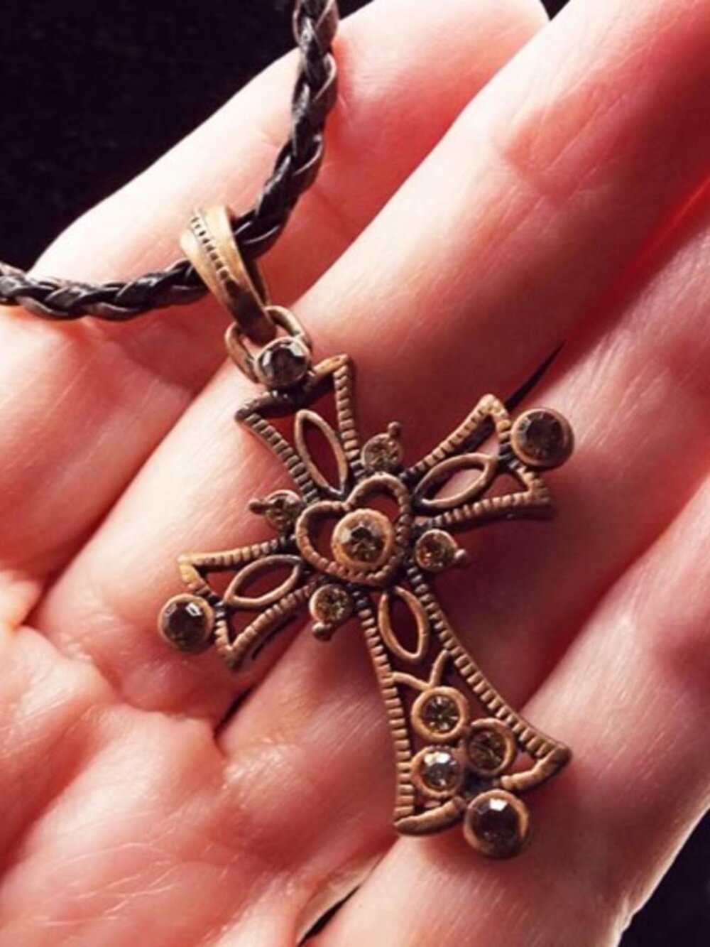 COPPER CELTIC CROSS WITH CITRINE CRYSTALS ON WOVEN CORD NECKLACE 21